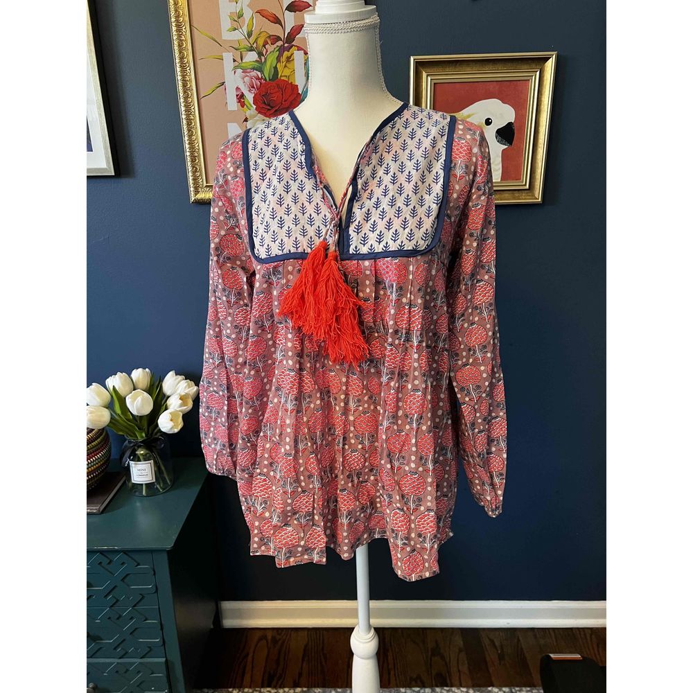 SZ Blockprints Womens Blue Pink Long Sleeves Printed Tassel Tunic Blouse Size S